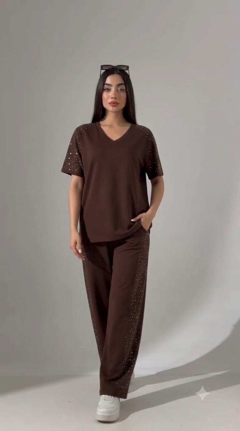 Kadın Serpme Taş Detaylı V Yaka Oversize Tişort Pantolon Takım 