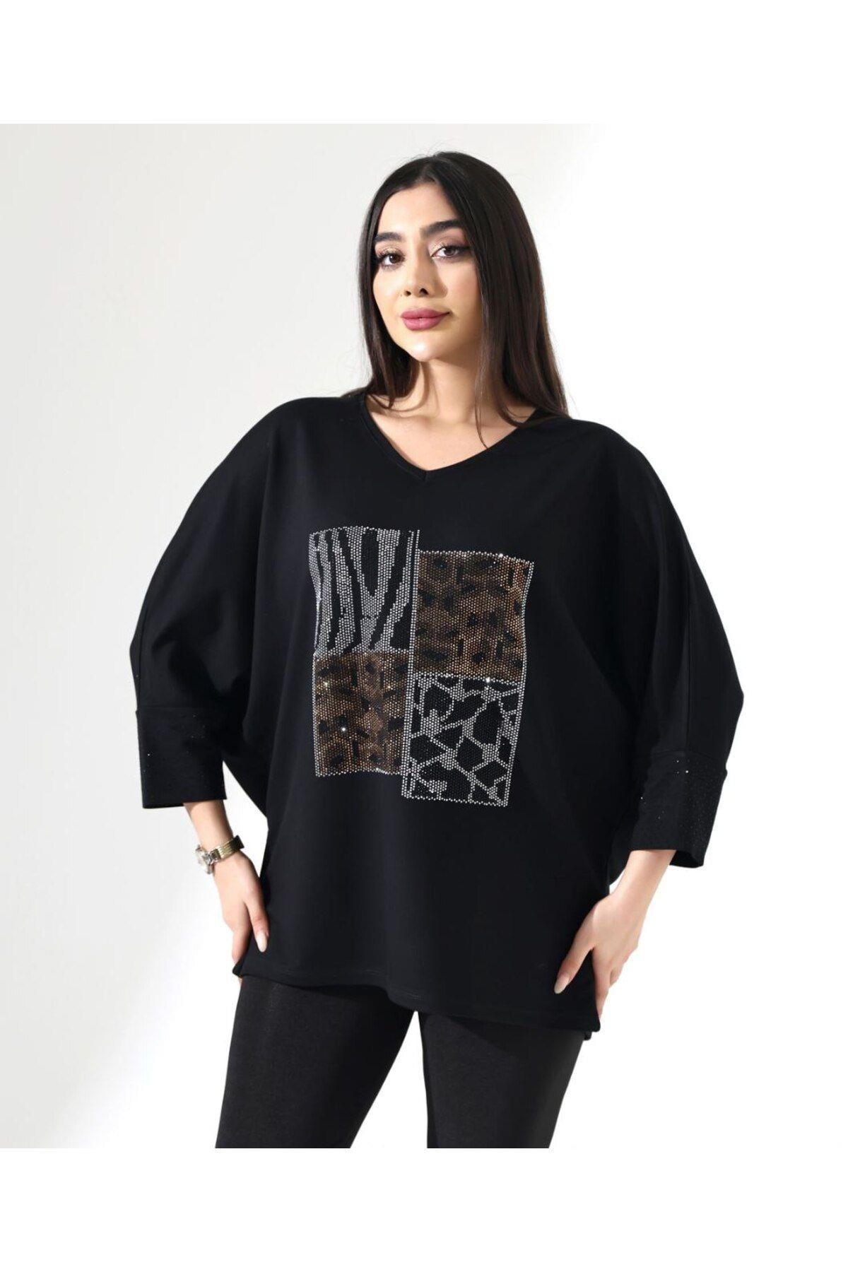 Taşlı Oversize Leopar Desen Tişört