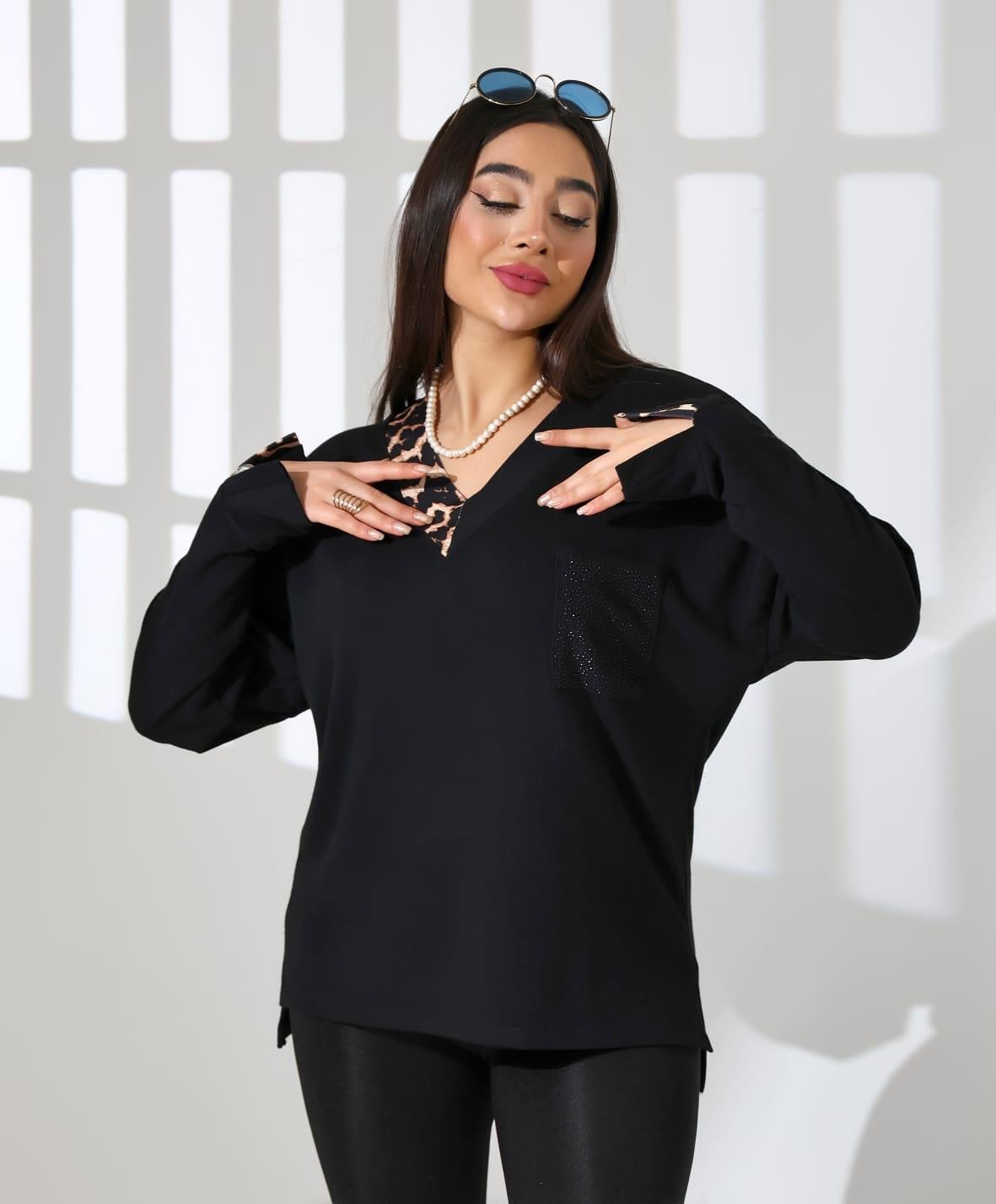 Leopar Detaylı Cebi Taşlı Bluz