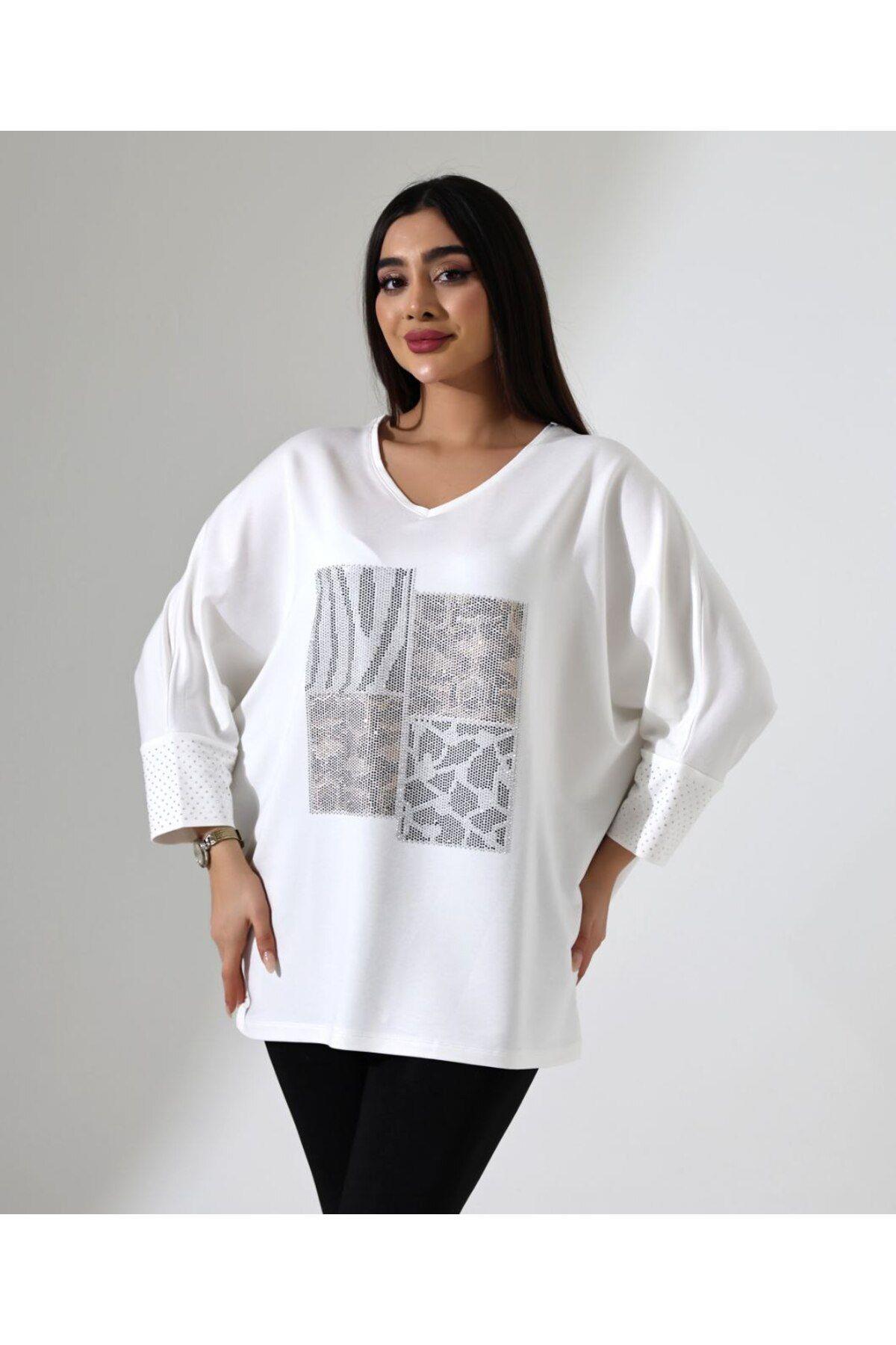 Taşlı Oversize Leopar Desen Tişört