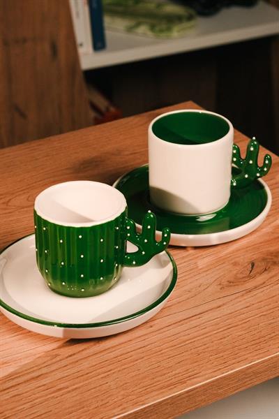 El Yapımı Kaktüs Desenli Seramik 2'li Türk Kahvesi Fincan Seti | 100 ml | Ceramic | 4 Parça