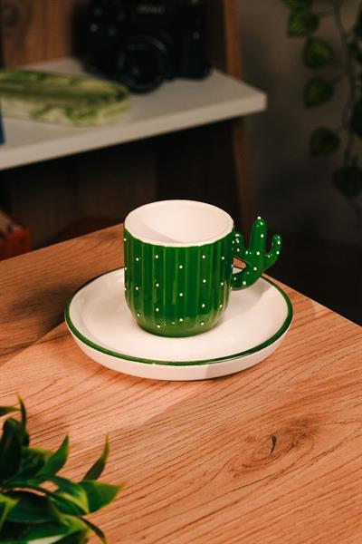 El Yapımı Kaktüs Desenli Seramik Türk Kahvesi Fincanı | 100 ml | Ceramic | 2 Parça