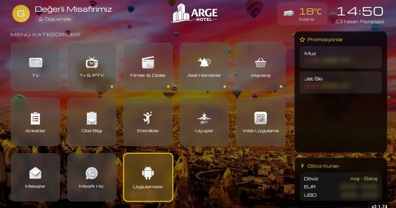 Otel TV sistemi ana menüsü,Hiremco Hotel Media Server