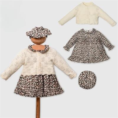 Fukukumbaby Hırkalı Leopar Desenli Kız Bebek Elbise Bej