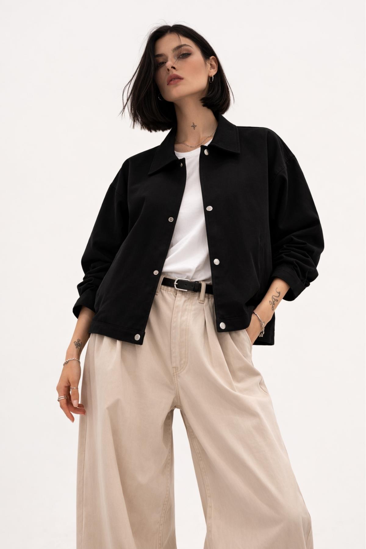 Kadın Oversize Basic Gabardin Mevsimlik Polo Yaka Ceket