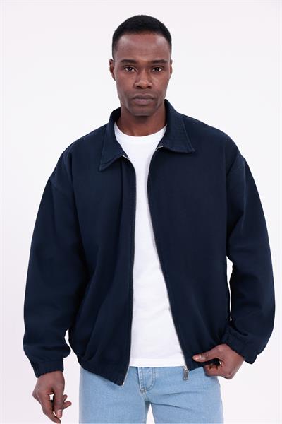 Erkek Basic Gabardin Kumaş Fermuarlı Oversize Mevsimlik Polo Yaka Ceket