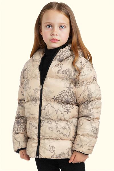 Kız Çocuk Pusula Desen Polar Su Ve Rüzgar Geçirmez Kapüşonlu Şişme Kışlık Mont