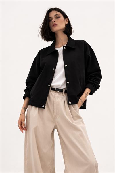 Kadın Oversize Basic Gabardin Mevsimlik Polo Yaka Ceket
