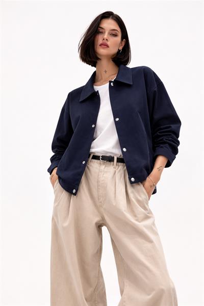 Kadın Oversize Basic Gabardin Mevsimlik Polo Yaka Ceket