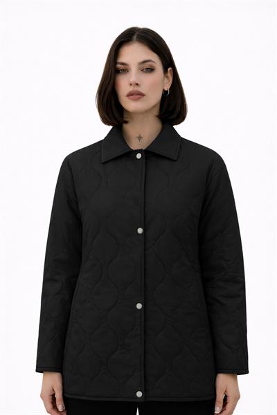Kadın Desenli Çıtçıtlı Çift Cepli Oversize Kapitone Ceket