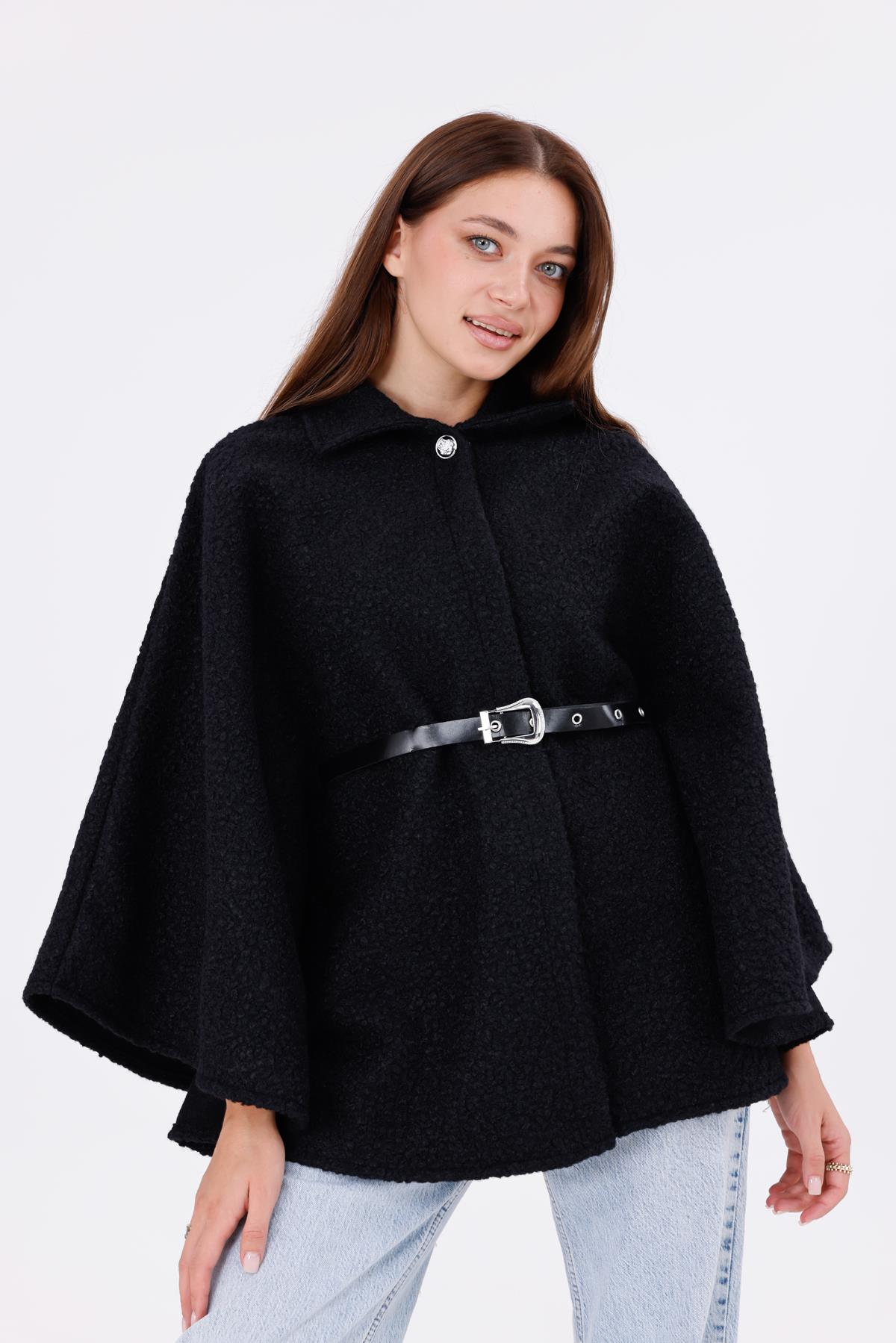 freemen Kadın Buklet Kumaşlı Tokalı Bel Detaylı Şık Panço – Sıcak Tutan Trend Kışlık Dış Giyim