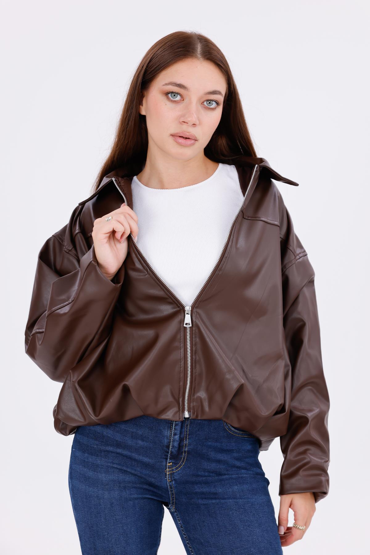 freemen Kadın Oversize Deri Görünümlü Şık Ceket – Fermuarlı Modern Stil Günlük Dış Giyim