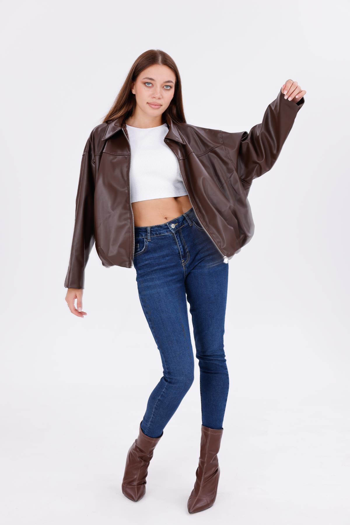 freemen Kadın Oversize Deri Görünümlü Şık Ceket – Fermuarlı Modern Stil Günlük Dış Giyim