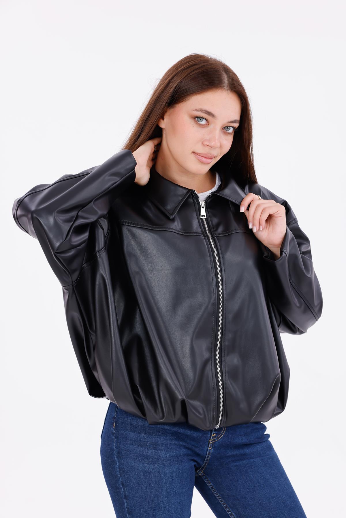 freemen Kadın Oversize Deri Görünümlü Şık Ceket – Fermuarlı Modern Stil Günlük Dış Giyim