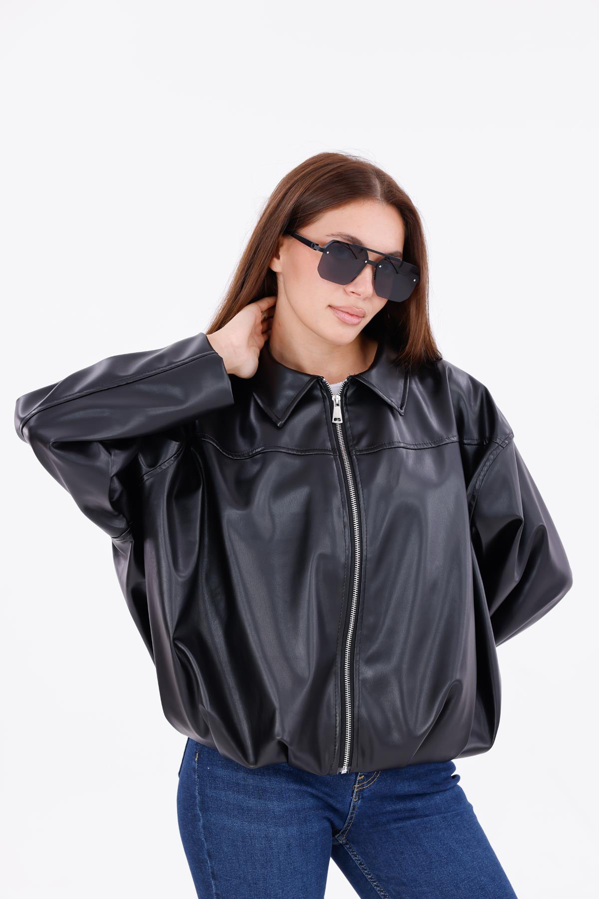 freemen Kadın Oversize Deri Görünümlü Şık Ceket – Fermuarlı Modern Stil Günlük Dış Giyim