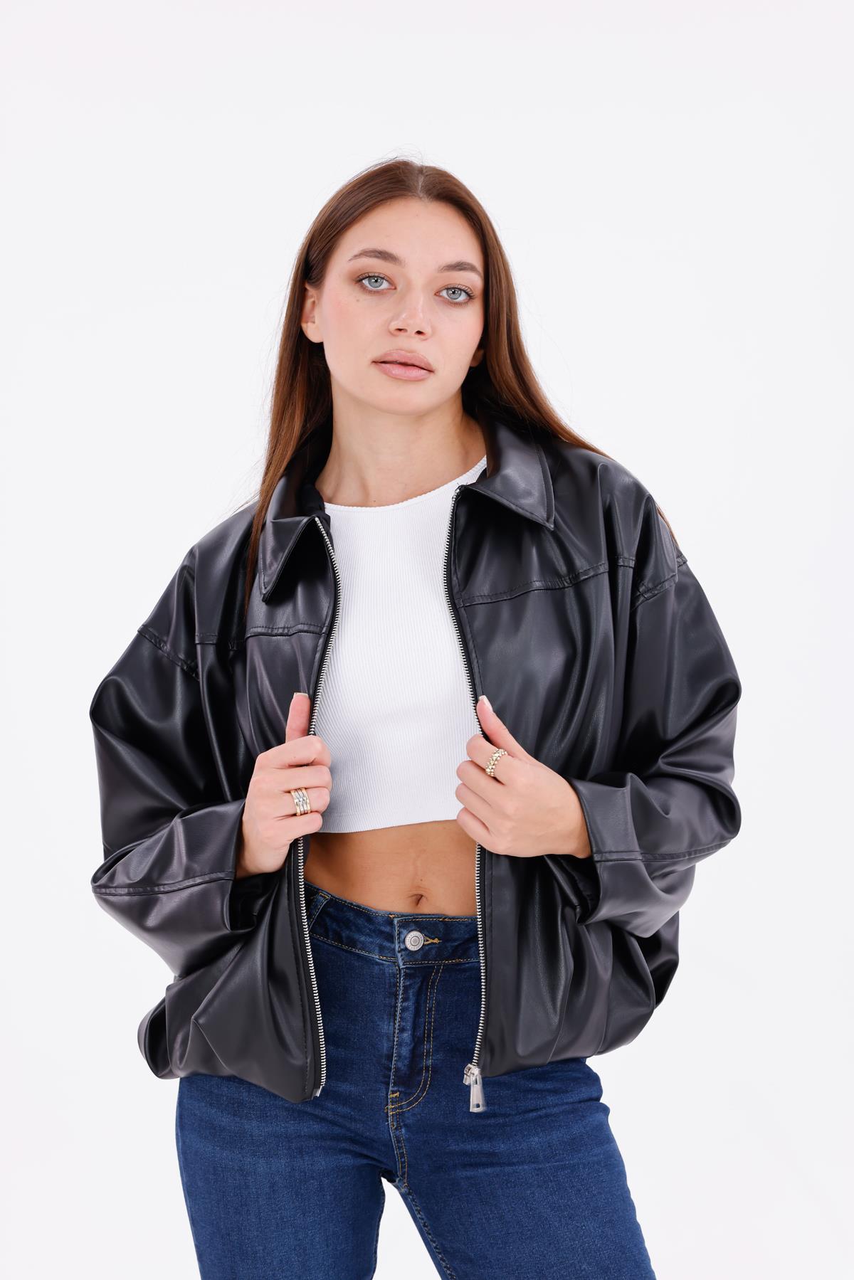 freemen Kadın Oversize Deri Görünümlü Şık Ceket – Fermuarlı Modern Stil Günlük Dış Giyim