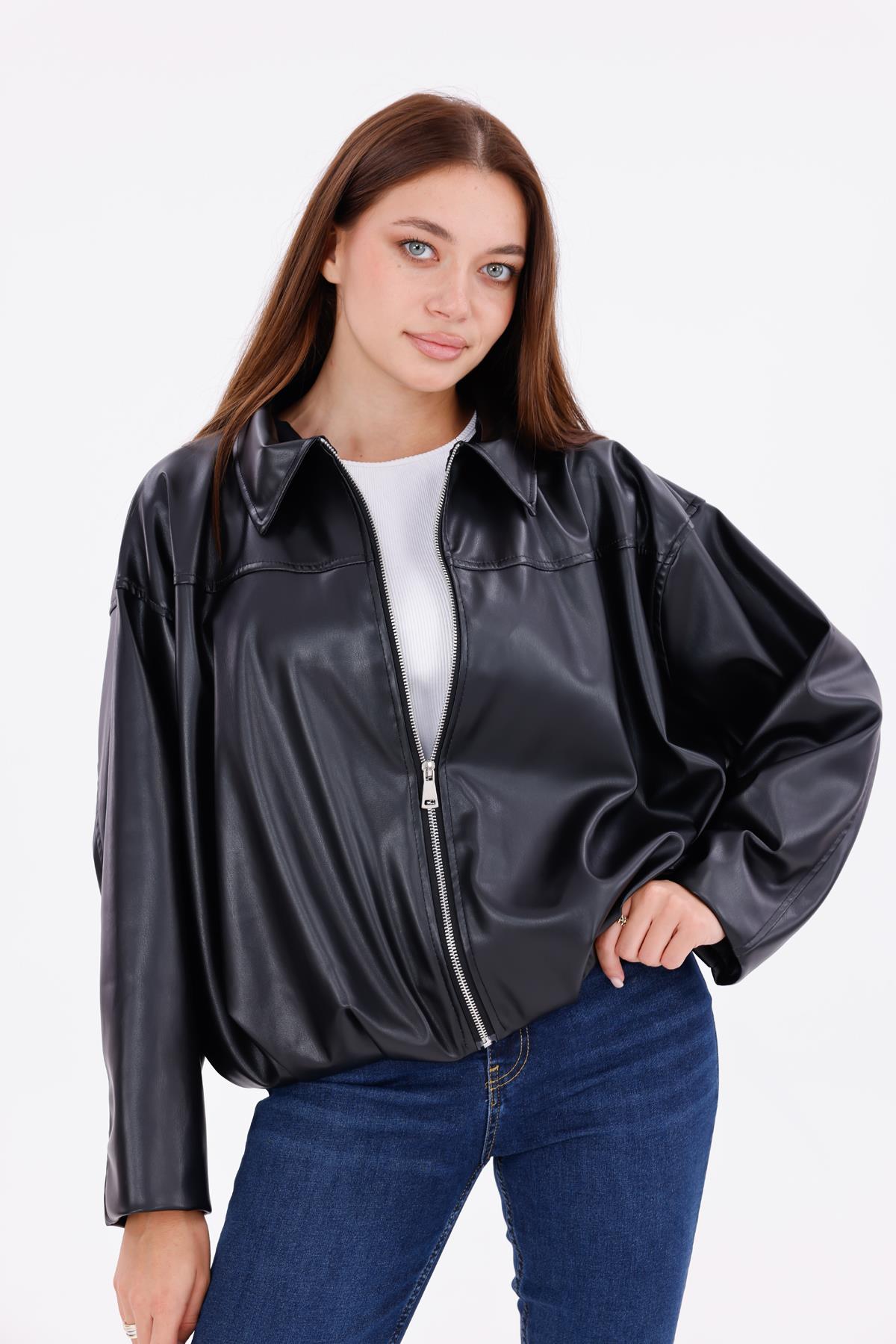 freemen Kadın Oversize Deri Görünümlü Şık Ceket – Fermuarlı Modern Stil Günlük Dış Giyim