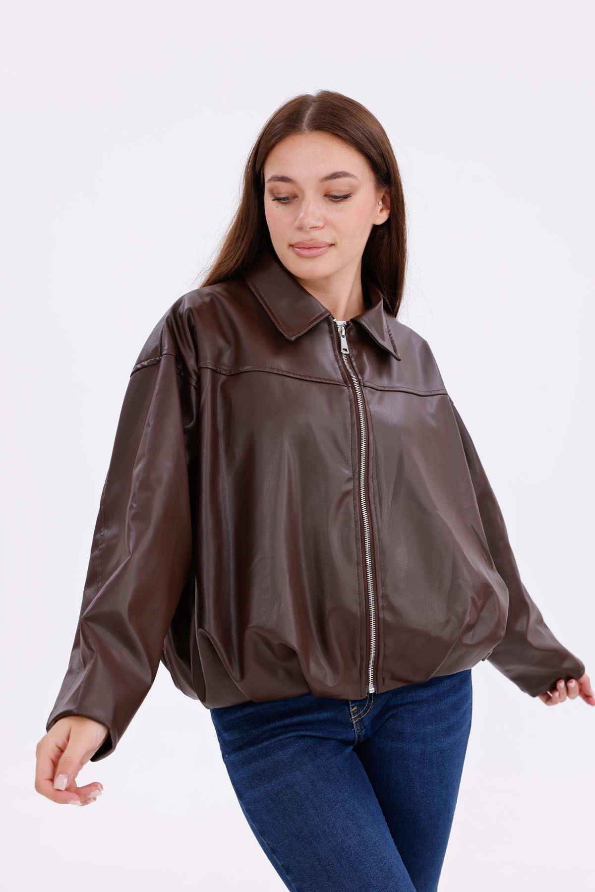 freemen Kadın Oversize Deri Görünümlü Şık Ceket – Fermuarlı Modern Stil Günlük Dış Giyim