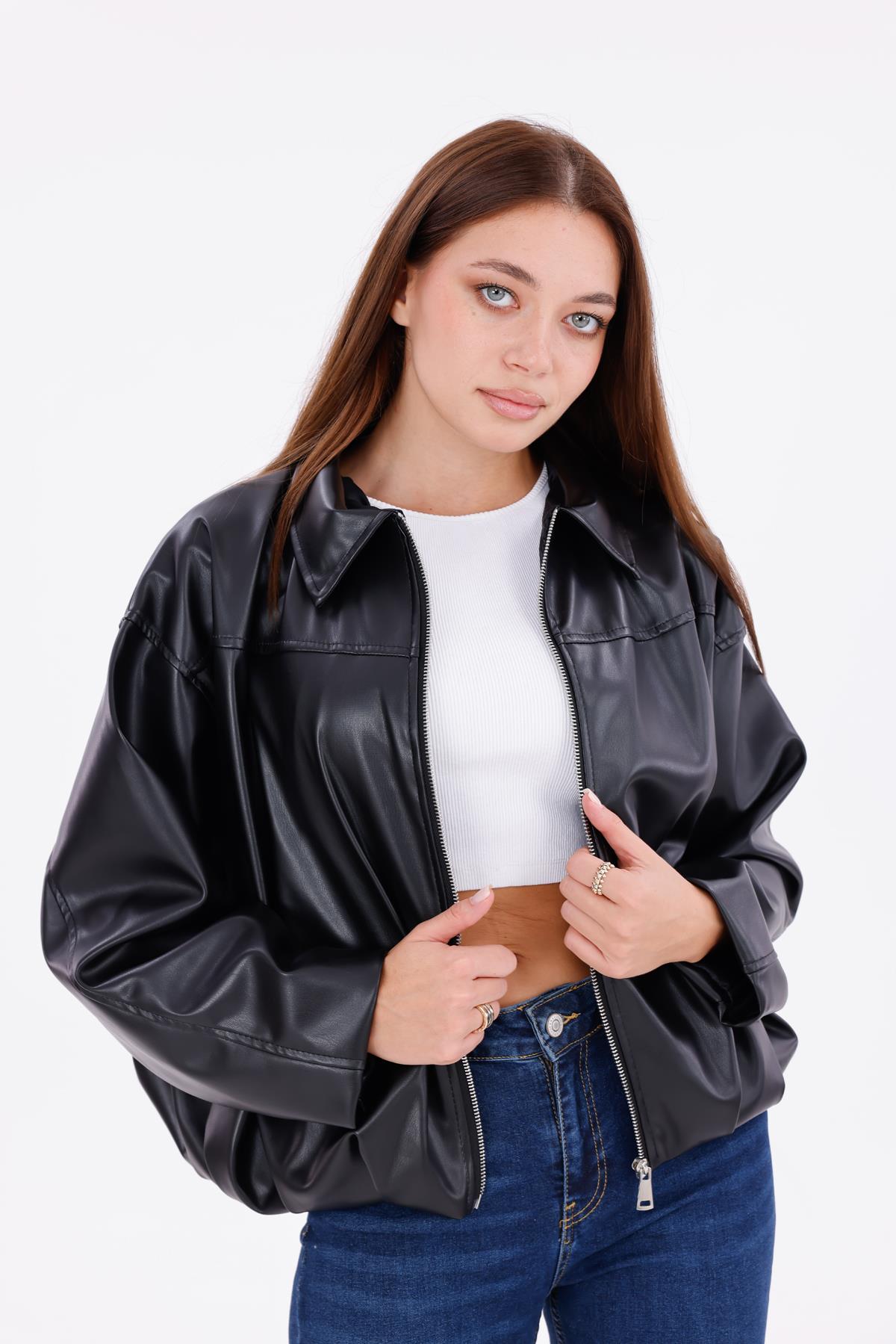 freemen Kadın Oversize Deri Görünümlü Şık Ceket – Fermuarlı Modern Stil Günlük Dış Giyim