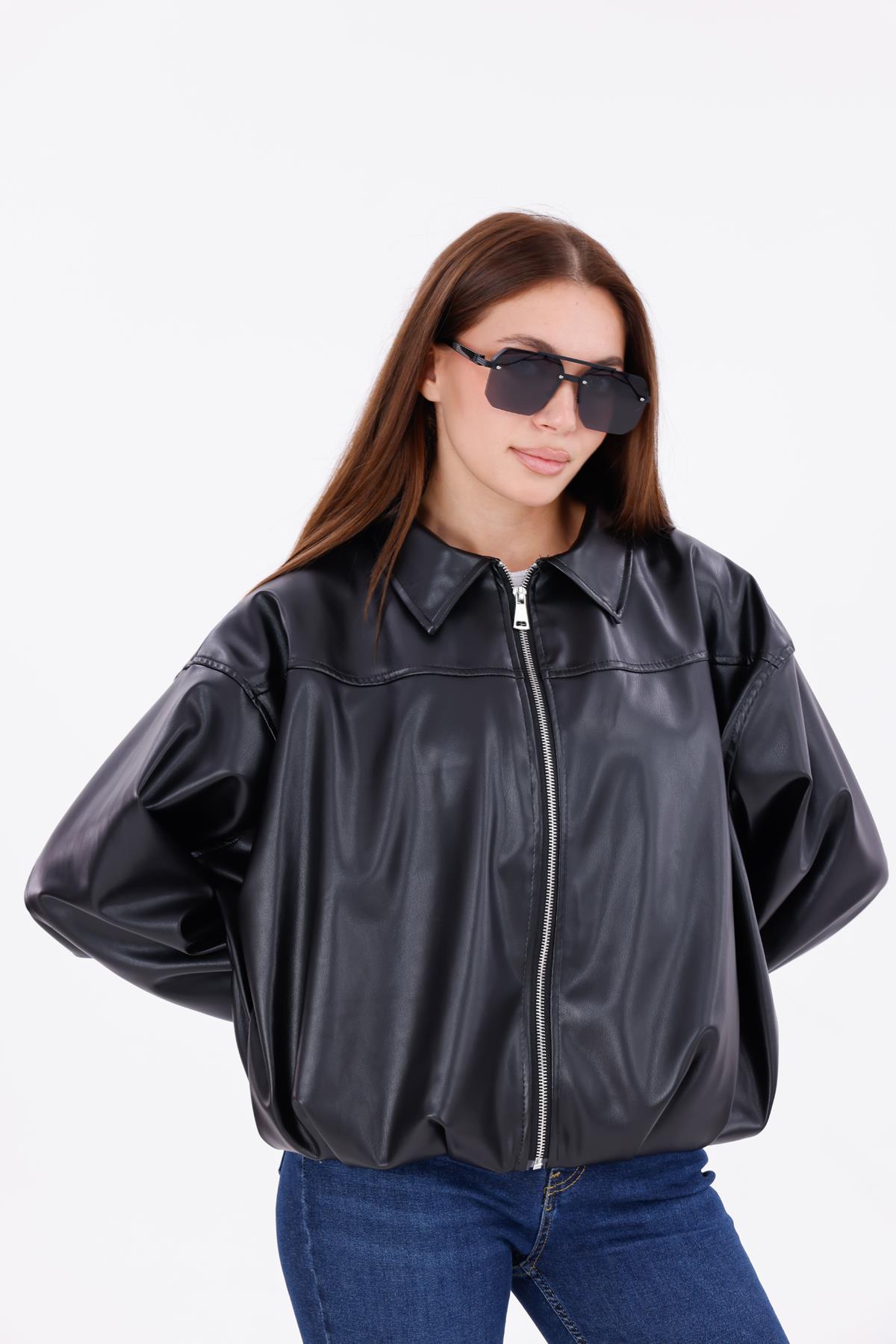 freemen Kadın Oversize Deri Görünümlü Şık Ceket – Fermuarlı Modern Stil Günlük Dış Giyim