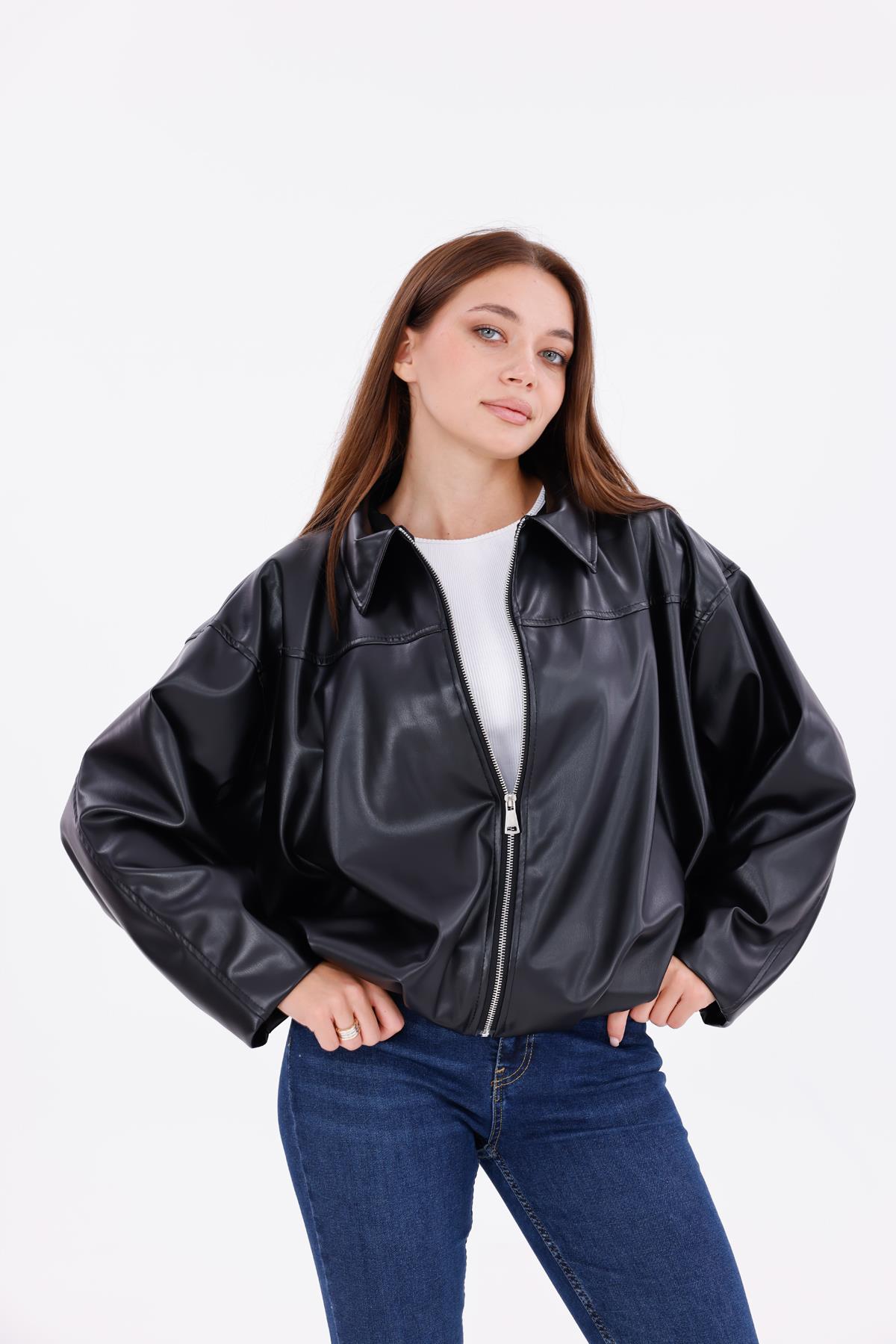 freemen Kadın Oversize Deri Görünümlü Şık Ceket – Fermuarlı Modern Stil Günlük Dış Giyim