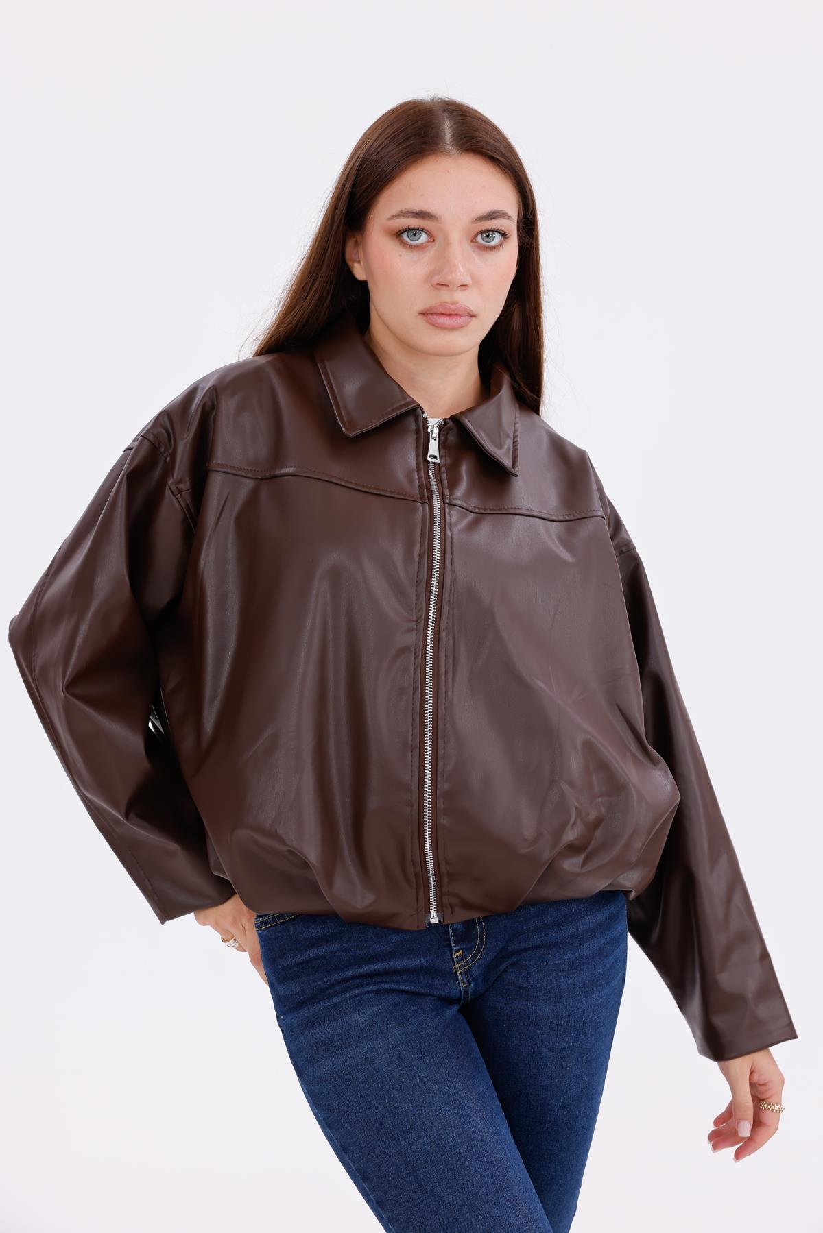 freemen Kadın Oversize Deri Görünümlü Şık Ceket – Fermuarlı Modern Stil Günlük Dış Giyim