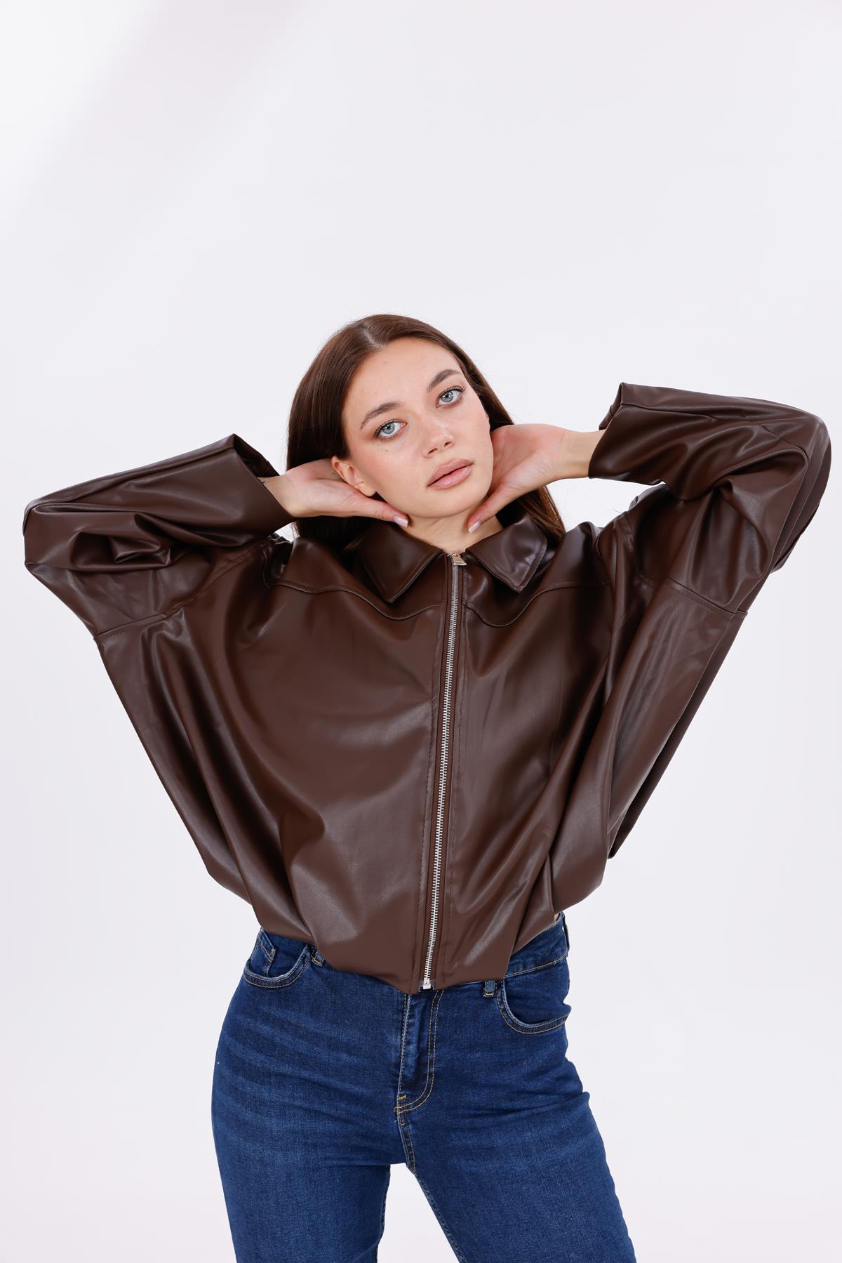 freemen Kadın Oversize Deri Görünümlü Şık Ceket – Fermuarlı Modern Stil Günlük Dış Giyim