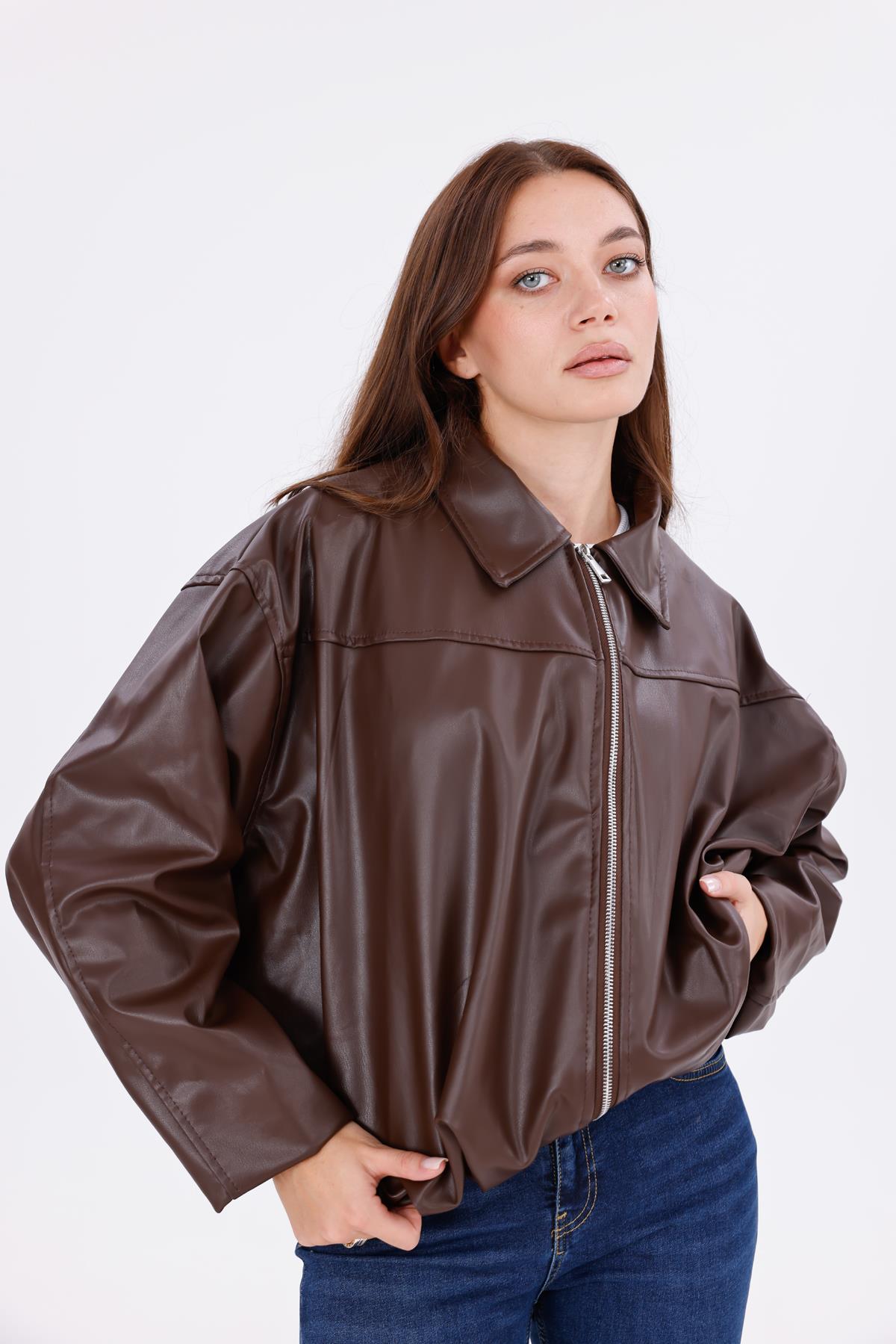 freemen Kadın Oversize Deri Görünümlü Şık Ceket – Fermuarlı Modern Stil Günlük Dış Giyim