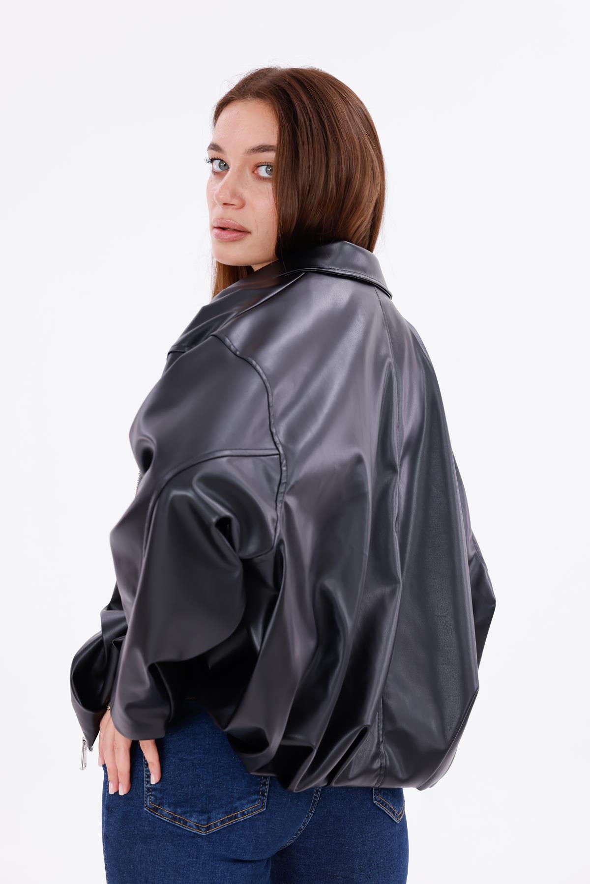 freemen Kadın Oversize Deri Görünümlü Şık Ceket – Fermuarlı Modern Stil Günlük Dış Giyim