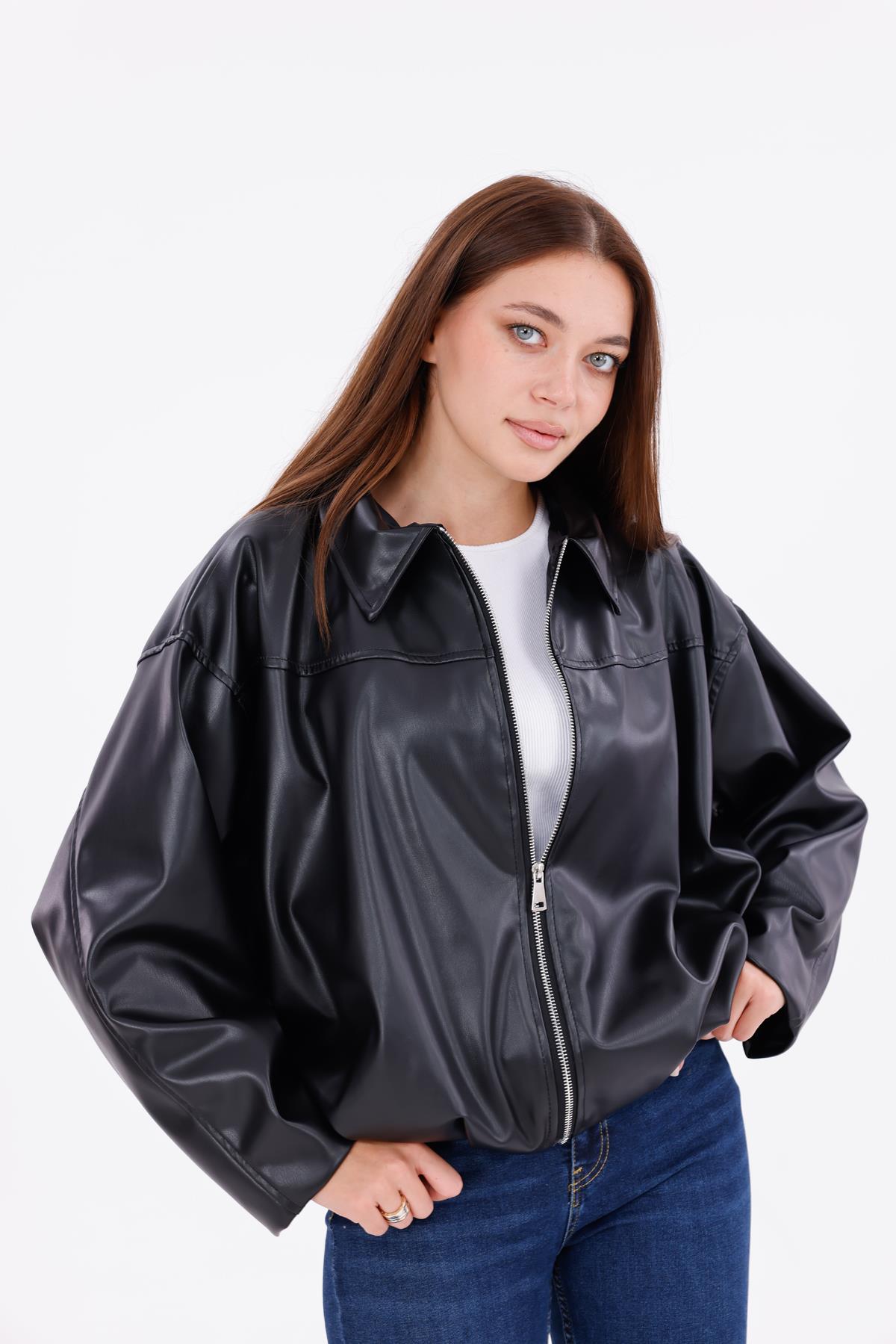 freemen Kadın Oversize Deri Görünümlü Şık Ceket – Fermuarlı Modern Stil Günlük Dış Giyim