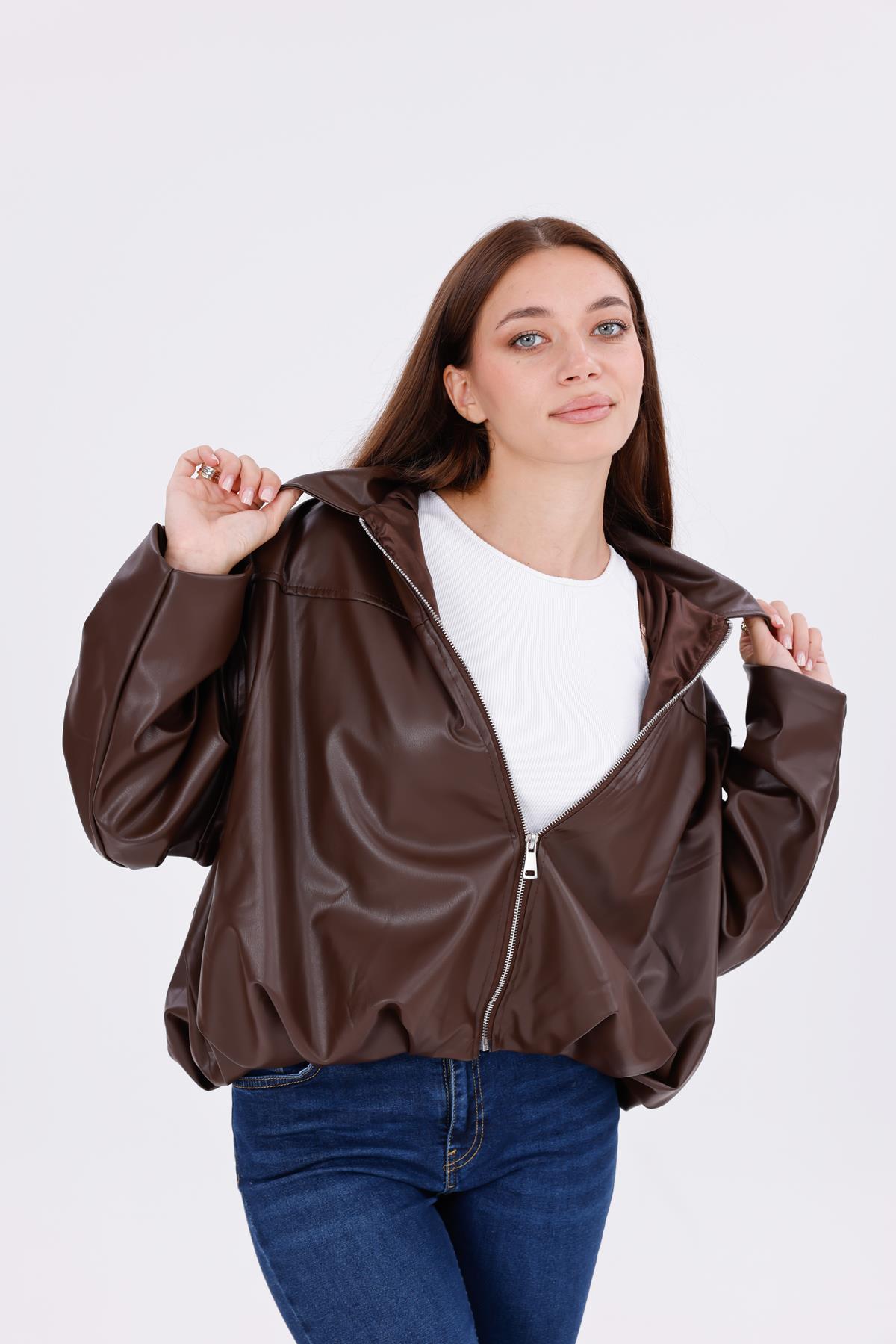 freemen Kadın Oversize Deri Görünümlü Şık Ceket – Fermuarlı Modern Stil Günlük Dış Giyim