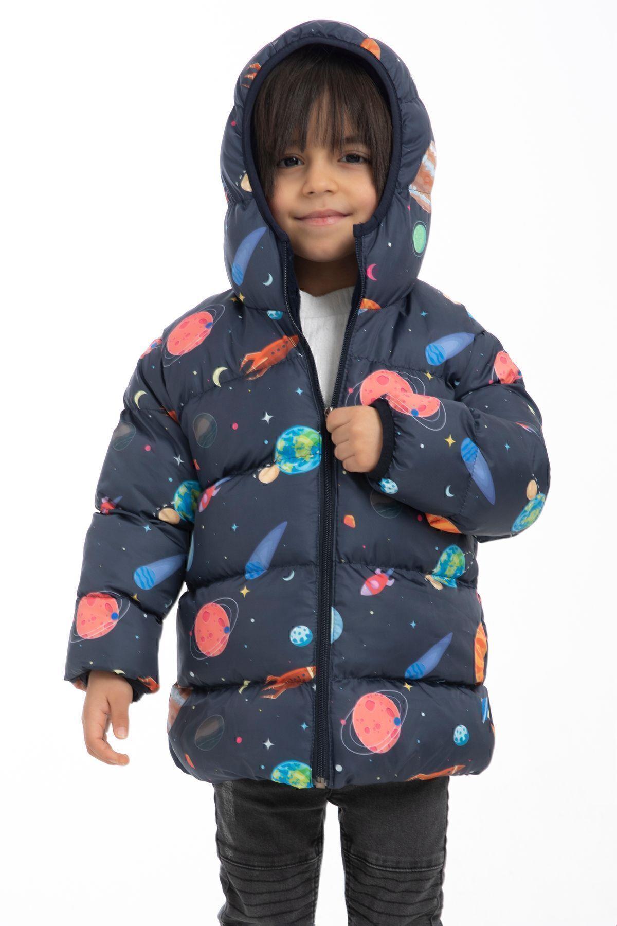 Erkek Çocuk Içi Polarlı Kapüşonlu Gezegen Yıldız Desenli Kışlık Şişme Mont & Kaban & Parka
