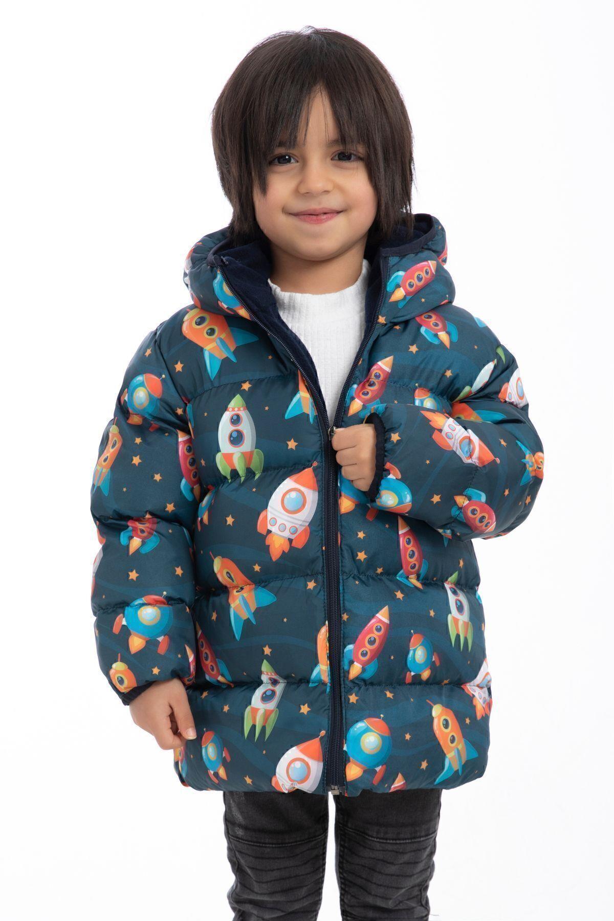 Erkek Çocuk Içi Polarlı Kapüşonlu Roket Desenli Kışlık Şişme Mont & Kaban & Parka