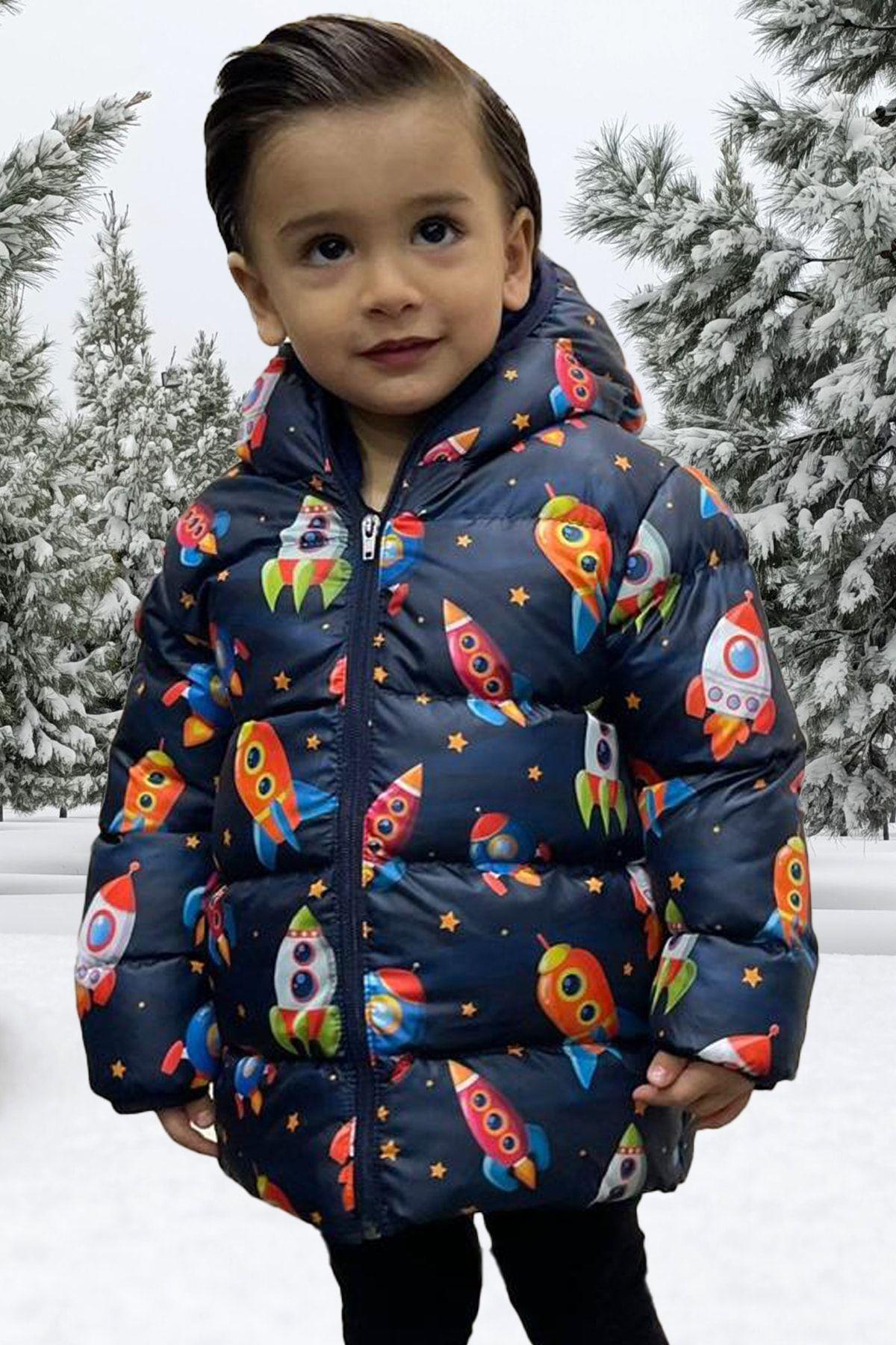 Erkek Çocuk Içi Polarlı Kapüşonlu Roket Desenli Kışlık Şişme Mont & Kaban & Parka