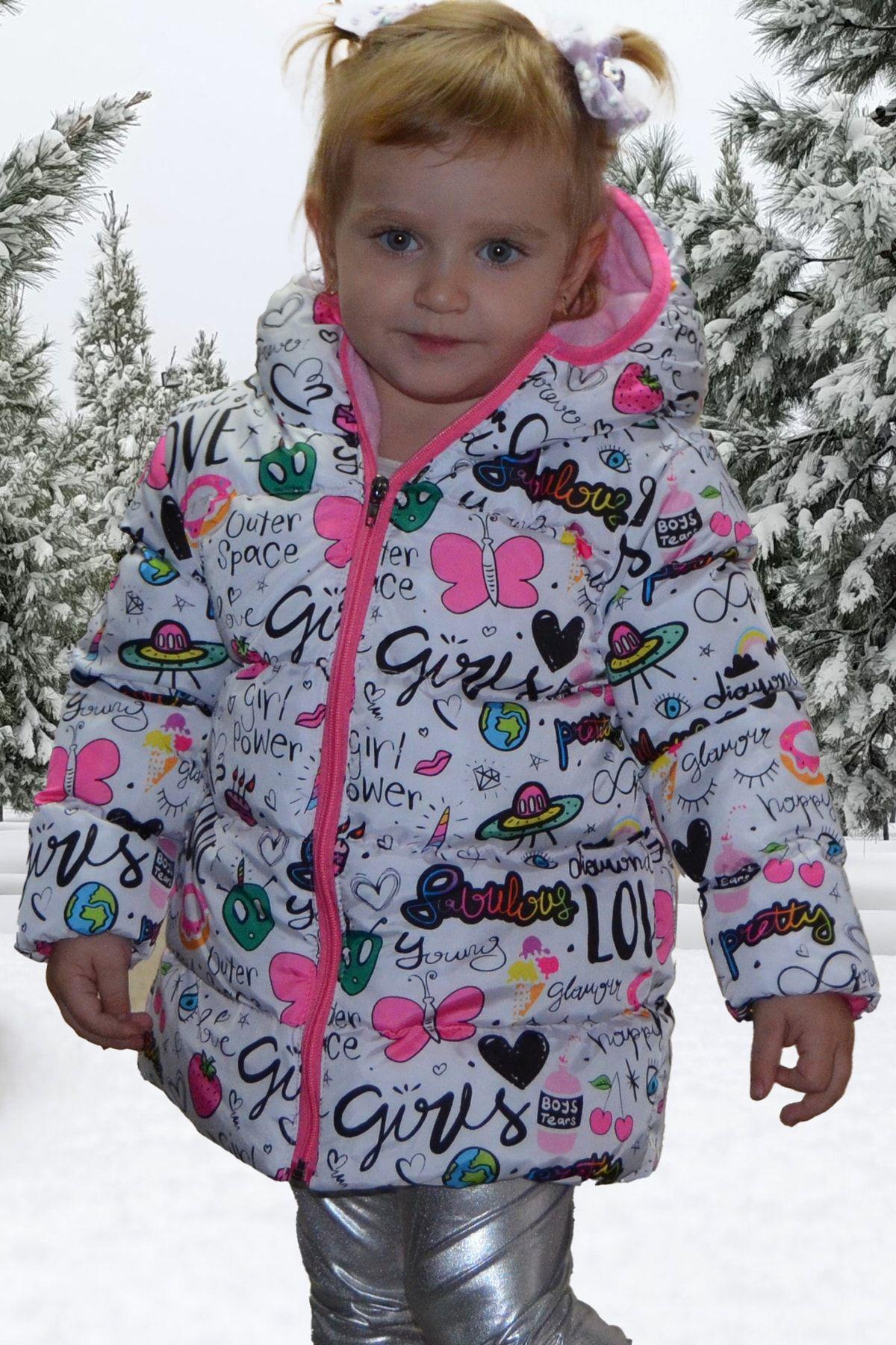 Kız Çocuk Içi Polarlı Kapüşonlu Girls Yazılı Kelebek Desenli Kışlık Şişme Mont & Kaban & Parka