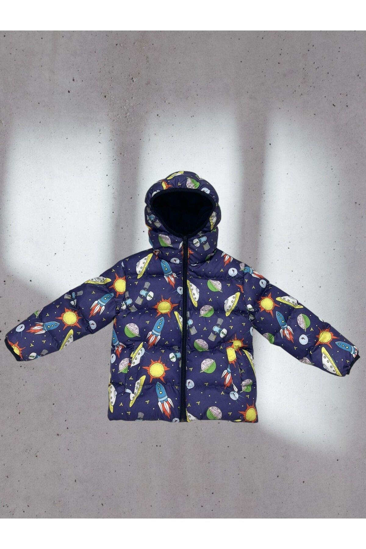 Kız Çocuk Içi Polarlı Kapüşonlu Ufo Desenli Kışlık Şişme Mont & Kaban & Parka
