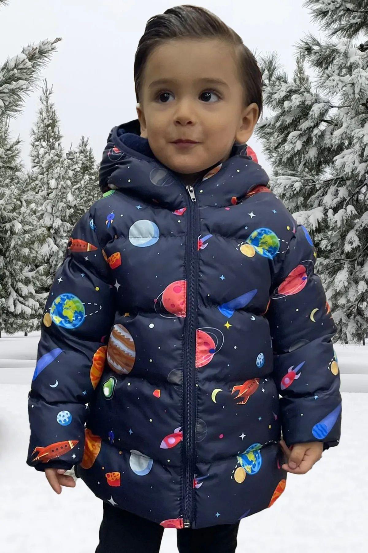 Spor Erkek Çocuk Polarlı Kapüşonlu Gezegen Yıldız Desenli  Şişme Mont    Parka