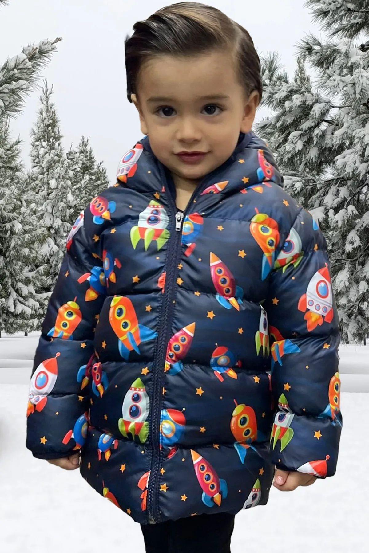 Spor Erkek Çocuk Polarlı Kapüşonlu Roket Desenli  Şişme Mont    Parka