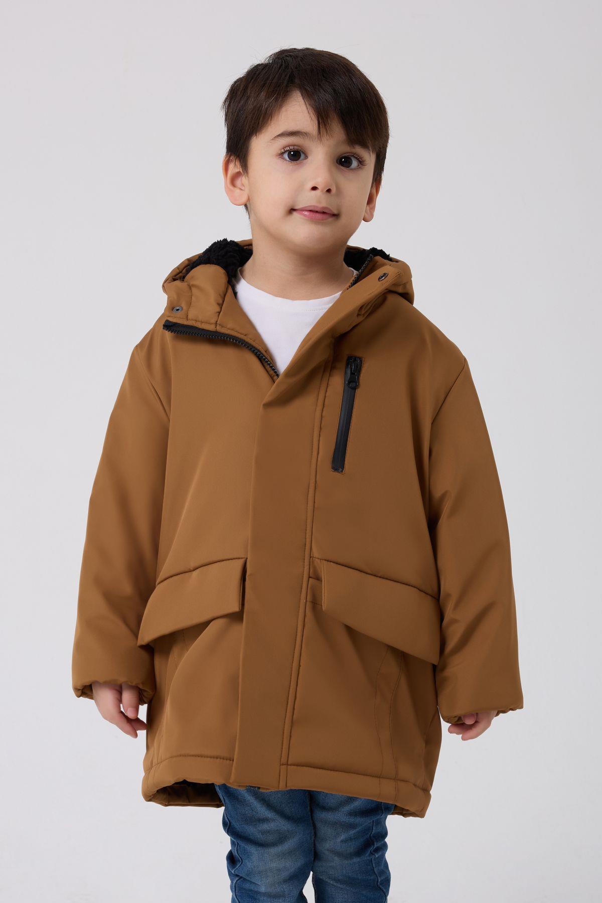 Spor Erkek Çocuk Taba Kürklü Su Ve Rüzgar Geçirmez Kapüşonlu 3  Mont    Parka