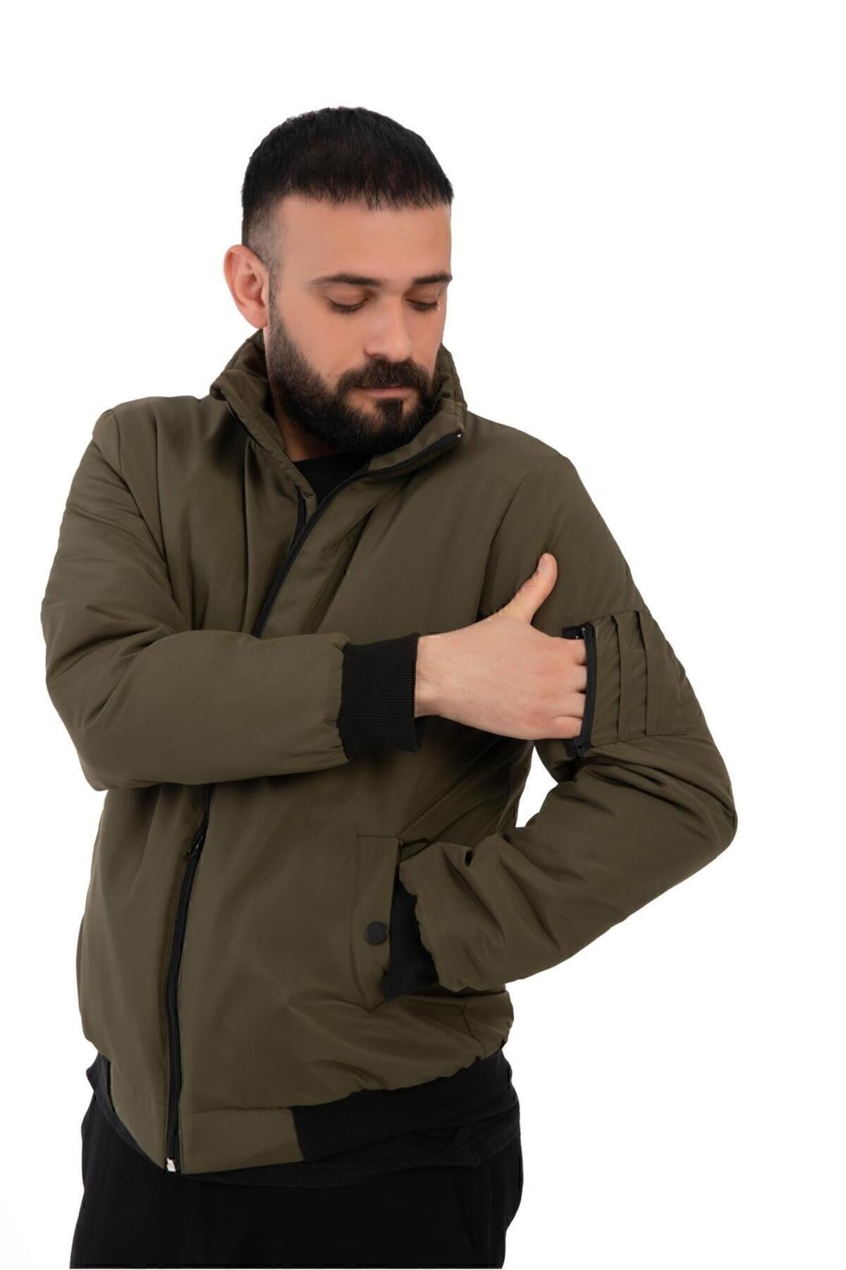 Spor Erkek Haki Astarlı Dik Yaka Mevsimlik Su Ve Rüzgar Geçirmez Mont