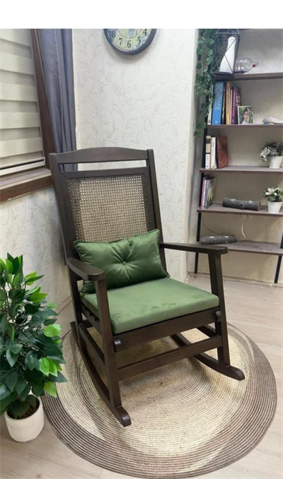 Veranda Minderli Hasırlı Koyu Ceviz Sallanan Sandalye Hazeranlı Dinlenme Koltuğu