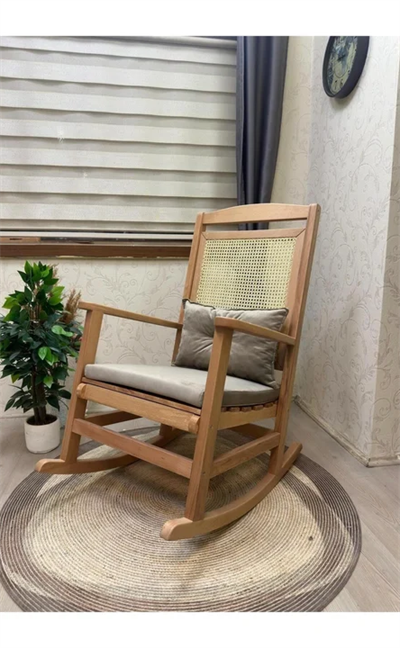 Veranda Minderli Hasırlı Naturel Sallanan Sandalye Hazeranlı Dinlenme Koltuğu
