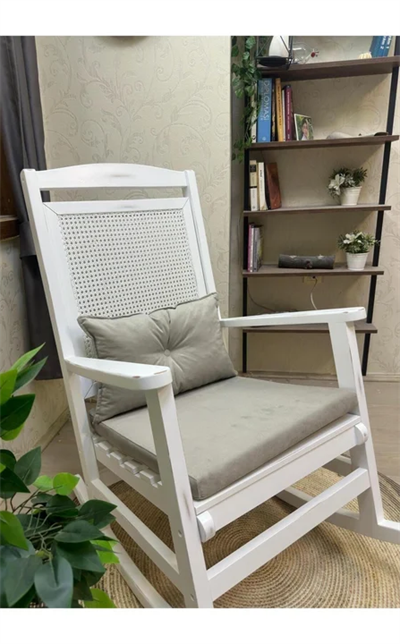 Veranda Minderli Hasırlı Lake Beyaz Sallanan Sandalye Hazeranlı Dinlenme Koltuğu