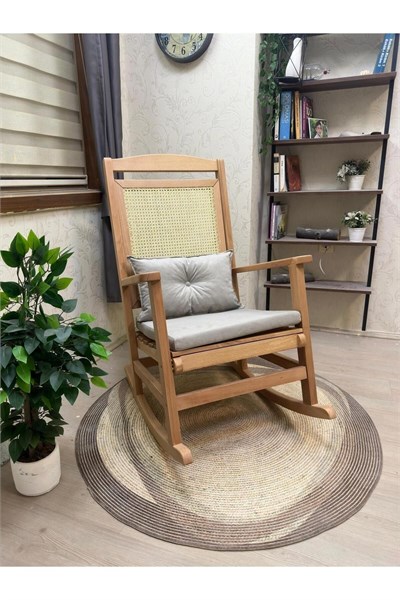 Veranda Naturel Krem Minderli Hasırlı Sallanan Sandalye Hazeranlı Dinlenme Koltuğu