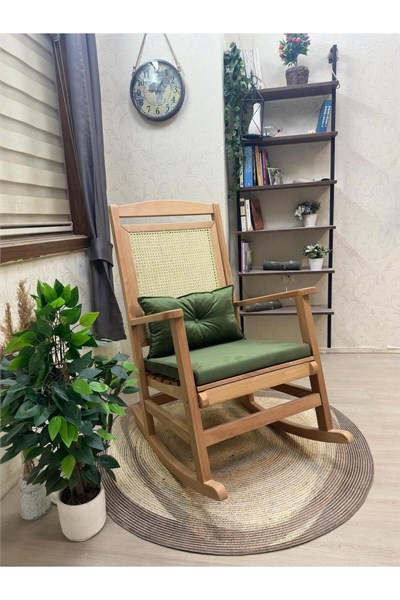 Veranda Naturel Krem Minderli Hasırlı Sallanan Sandalye Hazeranlı Dinlenme Koltuğu