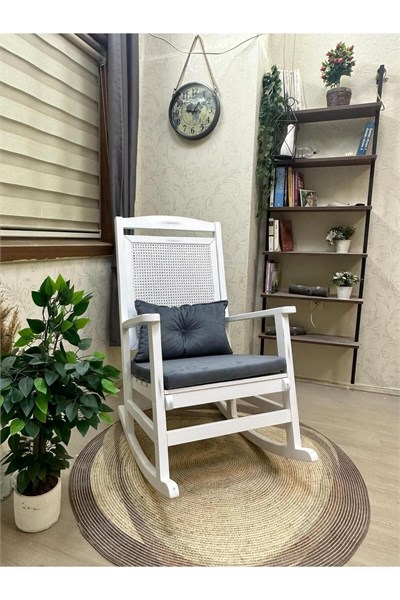 Veranda Naturel Krem Minderli Hasırlı Sallanan Sandalye Hazeranlı Dinlenme Koltuğu