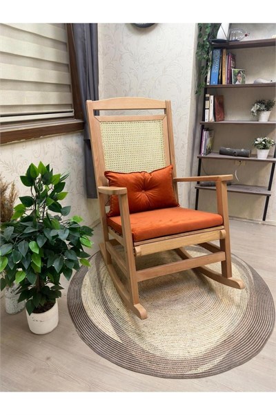 Veranda Naturel Krem Minderli Hasırlı Sallanan Sandalye Hazeranlı Dinlenme Koltuğu