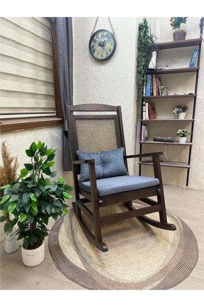 Veranda Naturel Krem Minderli Hasırlı Sallanan Sandalye Hazeranlı Dinlenme Koltuğu