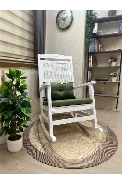 Veranda Naturel Krem Minderli Hasırlı Sallanan Sandalye Hazeranlı Dinlenme Koltuğu