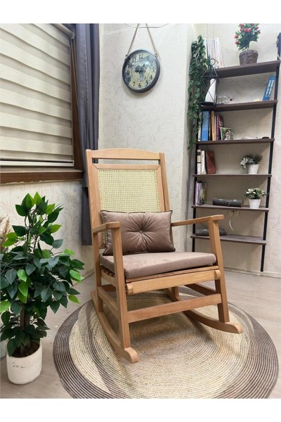 Veranda Naturel Krem Minderli Hasırlı Sallanan Sandalye Hazeranlı Dinlenme Koltuğu